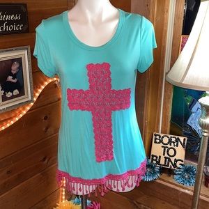 Southern Grace Turquoise Tee with Pink Crochet Cross